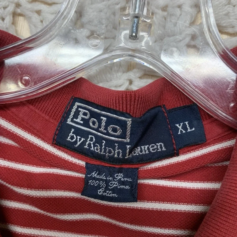 VTG Polo Ralph Lauren Polo Shirt Mens XL Red Striped 100%pima Cotton Short Sleev
